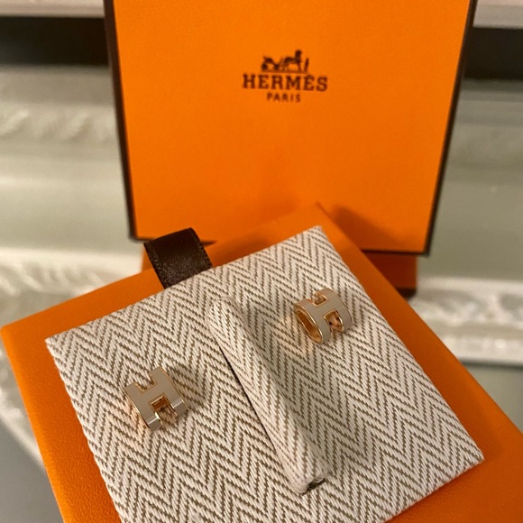 ❌SOLD❌New Authentic Hermes Mini Pop H Earrings Marron Glace Rose Gold - Picture 5 of 6